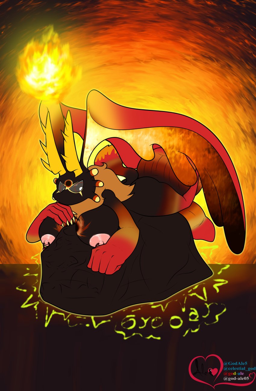 ambiguous_gender ambiguous_prey anthro ass balls belly big_balls big_belly big_breasts big_butt big_hands big_penis body_imprint breasts bulge claws detailed_bulge digestion digestion_noises digital_drawing_(artwork) digital_media_(artwork) female finger_claws fire fireball flat_colors genitals god-ale gynomorph hi_res horn imminent_digestion intersex intersex_pred kirby_(series) lying mane multicolored_body nintendo nipple_piercing nipples nude on_front penis piercing pink_nipples size_difference starling_(kirby) thick_thighs unwilling_prey vore