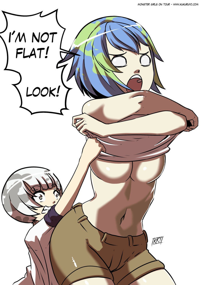 1girls ambiguous_gender angry big_breasts blue_hair booty_shorts breasts clothed clothing covering_nipples earth-chan green_hair humanoid kukuruyo lifting_clothing moon-chan not_flat shirt shirt_lift shirt_up shorts source_request text url watermark