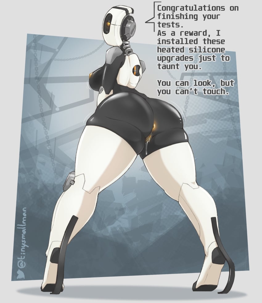 1_eye absurd_res anus ass big_breasts big_butt black_body bodily_fluids breasts clothing curvy_female curvy_figure dripping female footwear genital_fluids genitals glados hi_res high_heels humanoid humanoidized machine portal_(series) presenting presenting_hindquarters pussy pussy_juice_drip rear_view robot robot_humanoid shoes solo thick_thighs tinysmallman vaginal_fluids valve white_body