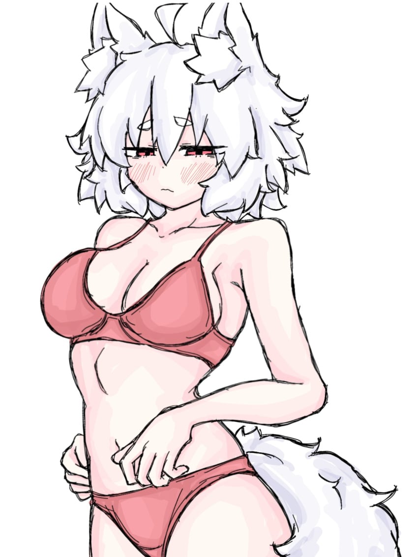 bikini blush breasts cat_ears fumomono6500 large_breasts looking_at_viewer momiji_inubashiri panties red_bikini red_eyes red_panties suggestive tail white_hair