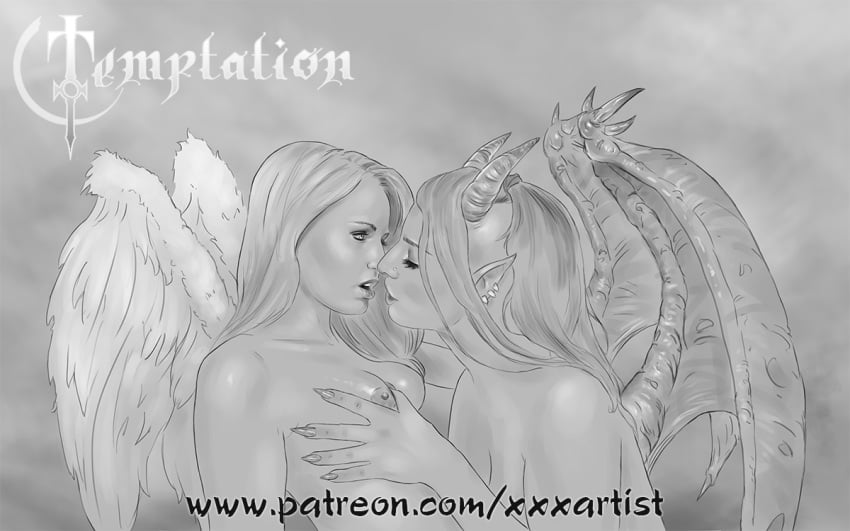 2girls angel angel_and_devil angel_wings arm arms bare_arms bare_shoulders black_and_white breasts closed_eyes collarbone demon_girl demon_wings female female_only horns imminent_kiss lips long_hair looking_at_another medium_breasts monochrome multiple_females multiple_girls neck nipples nude open_mouth piercing pointy_ears upper_body wings xxxartist yuri