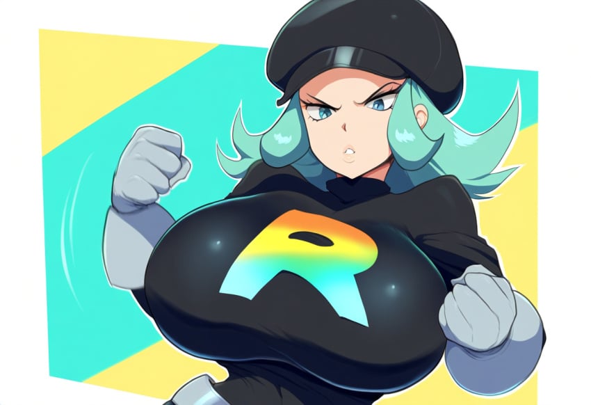 ai_generated game_freak green_hair huge_breasts mullon nintendo novelai pokemon pokemon_sm solo team_rainbow_rocket team_rainbow_rocket_grunt_(female) wide_hips