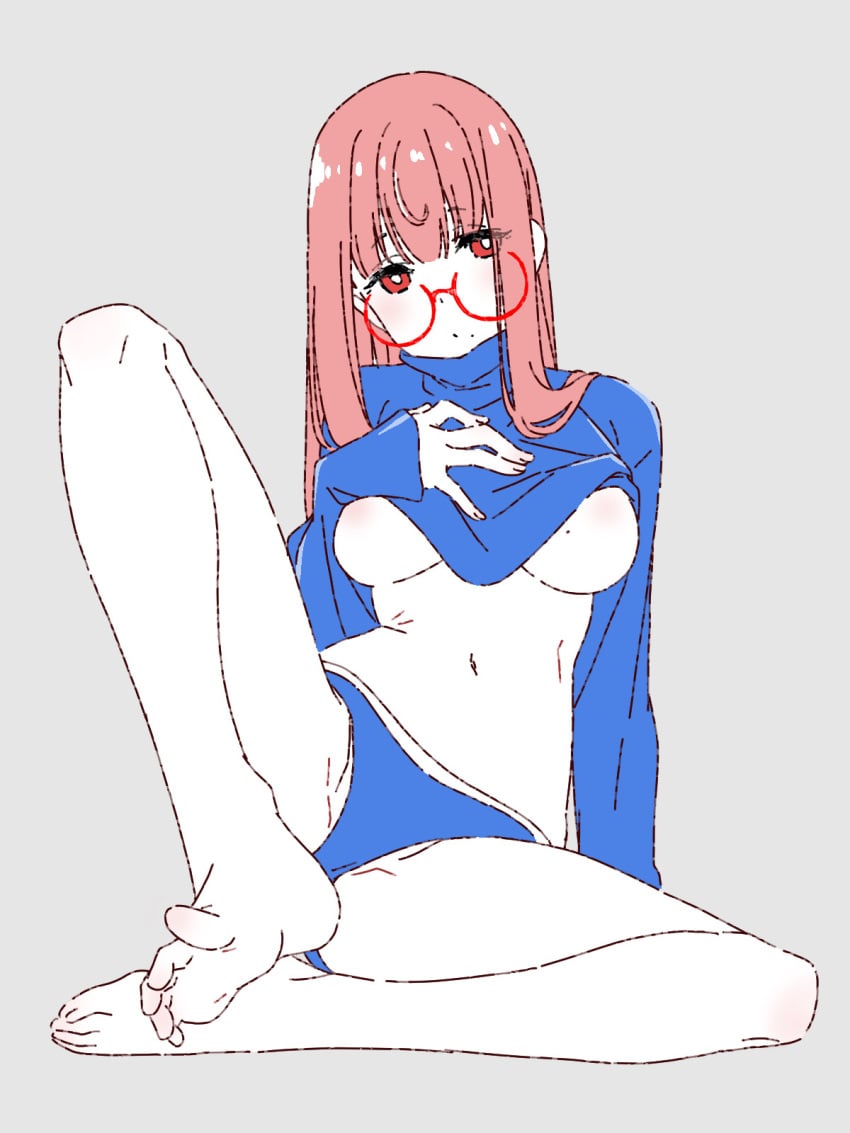 blue_shirt blue_shorts blush_stickers eyewear feet glasses long_sleeves mole mole_under_mouth nipples pink_hair red_eyes red_eyewear round_eyewear shorts soles t-shirt toes white_pupils