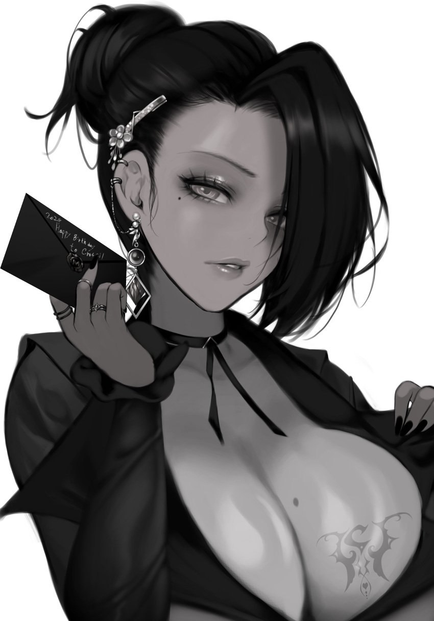 1girls big_breasts breasts busty card cleavage earring female hair_bun huge_breasts king_of_fighters light-skinned_female light_skin long_hair long_sleeves mad_kimo mature_(kof) mole mole_on_breast mole_under_eye ponytail suit tied_hair voluptuous voluptuous_female