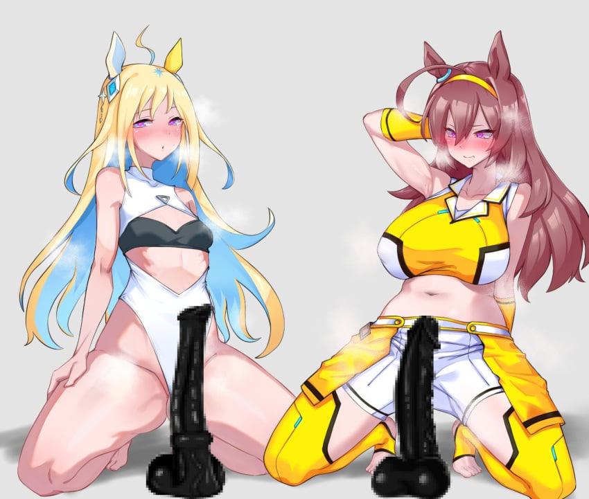 2girls absurdres ahoge animal_ears blonde_hair blue_eyes blue_hair breasts colored_inner_hair dildo hair_ornament highres horse_dildo horse_ears horse_girl long_hair looking_at_viewer mihono_bourbon_(umamusume) minew_(zpky5744) multicolored_hair multiple_girls neo_universe_(umamusume) sex_toy sleeves_past_wrists steam two-tone_hair umamusume