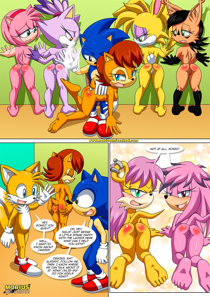 2boys 7girls amy_rose ass barefoot bbmbbf blaze_the_cat blush breasts bunnie_rabbot comic dialogue english_text feet female humanoid_feet julie-su male male/female mina_mongoose mobius_unleashed nicole_the_lynx nude palcomix pussy sally_acorn sega sonic's_guide_to_spanking_2_(comic) sonic_(series) sonic_the_hedgehog sonic_the_hedgehog_(series) spanking speech_bubble tails tails_the_fox text