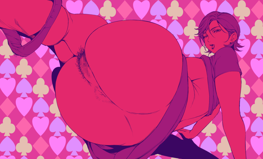 1girls anus ass ass_focus big_ass breasts censored close club_(shape) diamond_(shape) female hair_between_eyes heart highres huge_breasts limited_palette lipstick looking_at_viewer makeup mature open_mouth original orushibu panties panties_around_feet panty_pull pink polychromatic pubic_hair pussy reclining shirt_lift shirt_up short_hair short_sleeves sideboob skirt skirt_lift solo spade_(shape) underwear