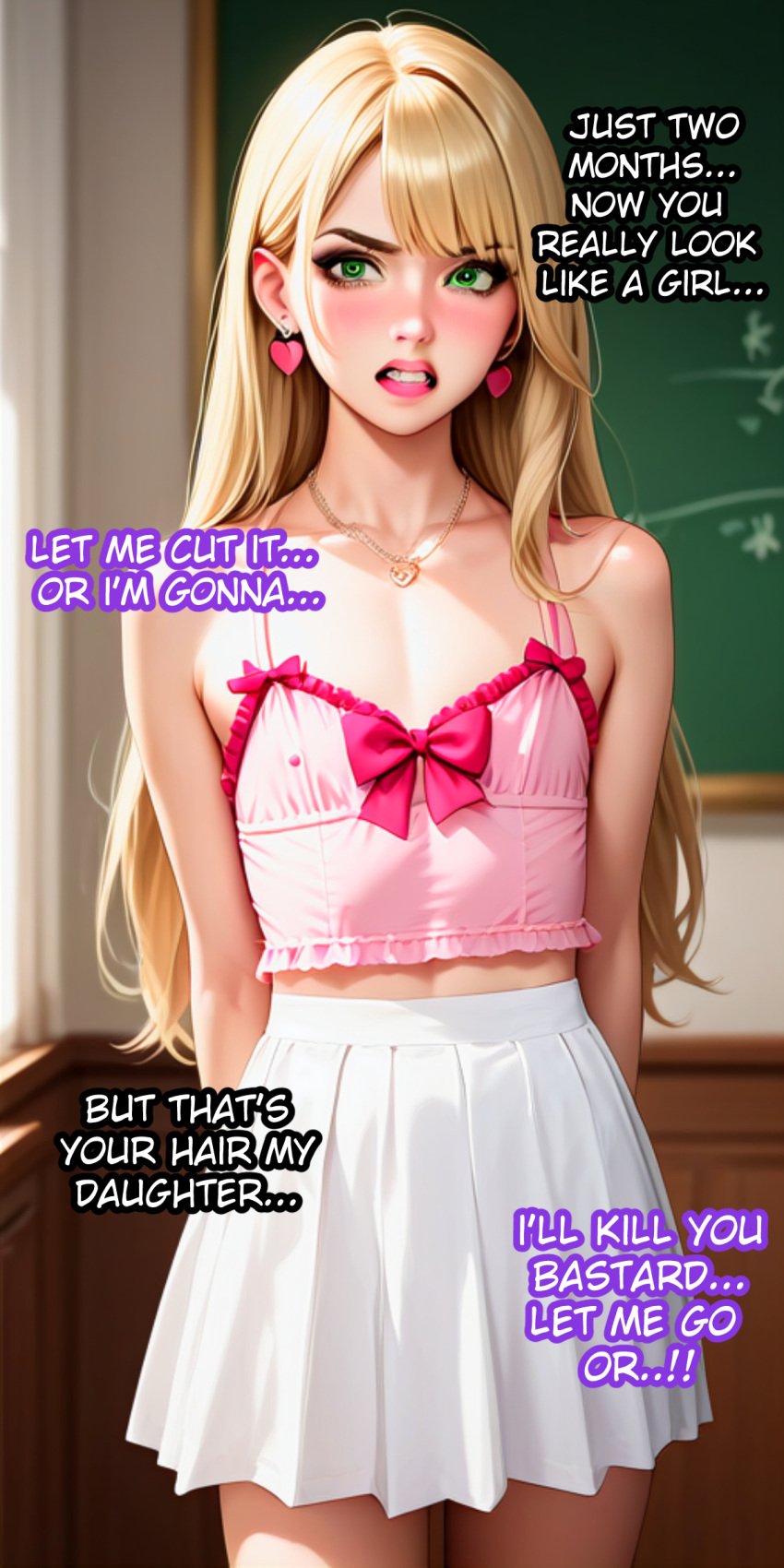 ai_generated blonde_hair femboy feminine_body feminine_faced_male feminine_male feminization forced_exposure forced_feminization forced_presentation humiliation male_bitch male_only otoko_no_ko otokonoko pink_panties sissification sissy sissyfication text trap