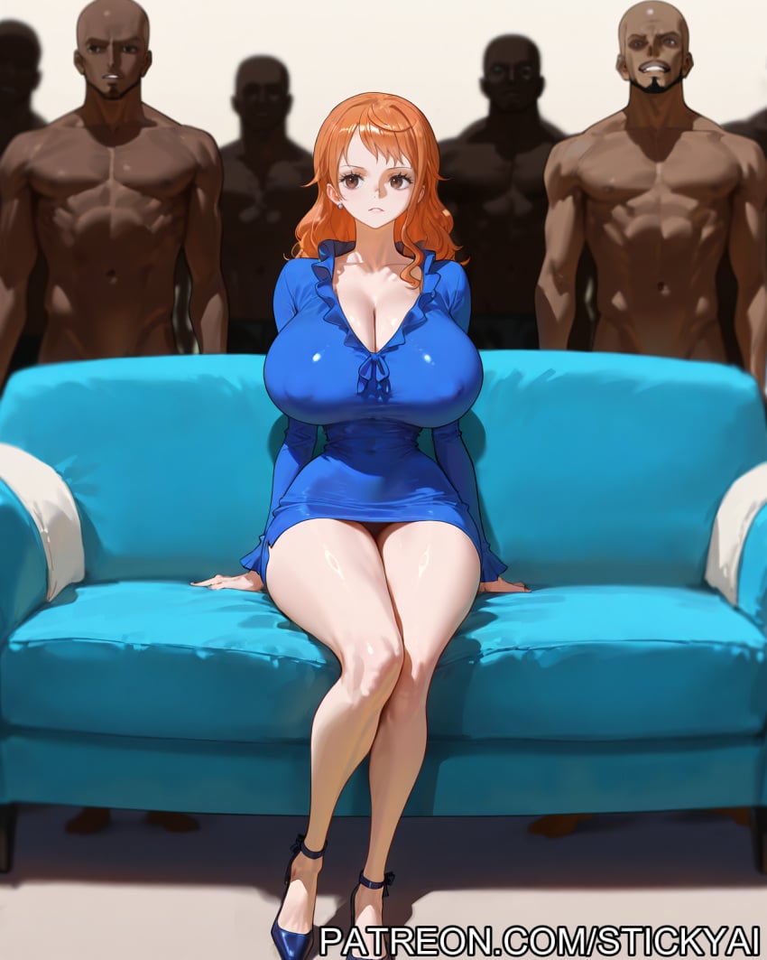 ai_generated breasts brown_eyes dark-skinned_male female imminent_sex male nami nami_(one_piece) netorare nsfw one_piece orange_hair orgy piper_perri_surrounded stickyai