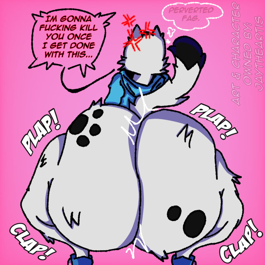 1boy angry_sub annoyed ass_bigger_than_body ass_clapping ass_focus big_ass cat_boy death_threat fur furry_ears furry_tail gigantic_ass half_naked hyper_ass original_character_do_not_steal pink_background text text_bubble threatening traced traced_art twerking watermark