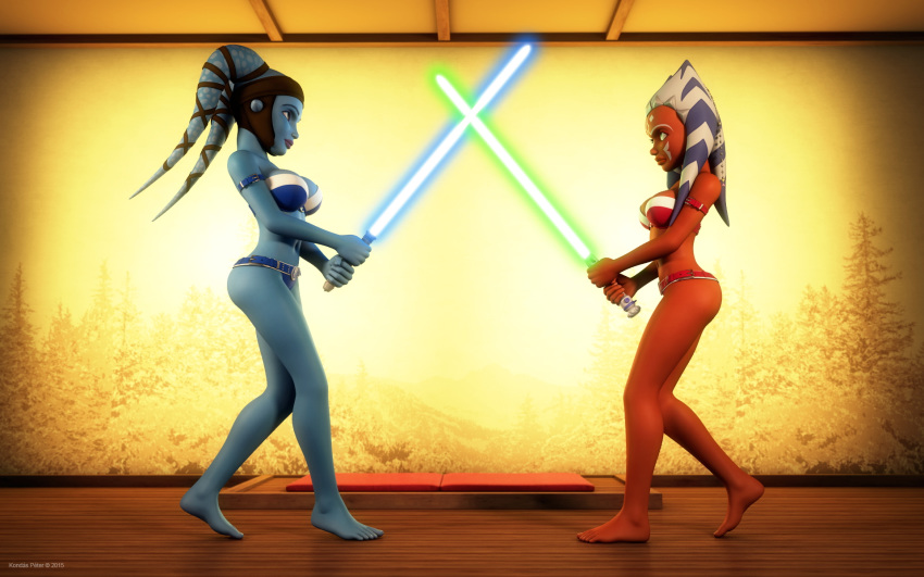 2015 2girls 3d aayla_secura ahsoka_tano alien alien_girl artist_name bald bare_shoulders barefoot belt big_breasts bikini bikini_bottom bikini_top blue_eyes blue_lightsaber blue_skin busty cleavage clone_wars curvy detailed_background duo eyelashes female female_only freckles front_view green_eyes green_lightsaber headgear holding_object hourglass_figure humanoid indoors inside jedi jedi_master jedi_padawan kondaspeter lightsaber mammal midriff multiple_females multiple_girls orange_skin pillow pose posing purple_lips room shadow shiny shiny_skin side_view standing star_wars swimsuit thong togruta twi'lek voluptuous weapon wide_hips yellow_eyes