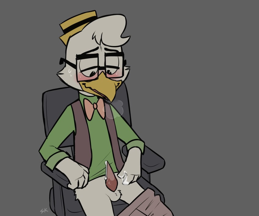 1boy after_masturbation avian balls bird blush bow_tie chair chicken clothed clothing cum cum_on_hand disney ducktales eyewear glasses gyro_gearloose hat hi_res male male_only pants_down partially_clothed penis simple_background slimykappa solo tapering_penis uncensored