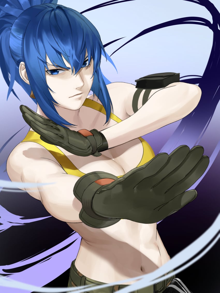 1girls big_breasts blue_eyes blue_hair breasts busty female gloves king_of_fighters leona_heidern light-skinned_female light_skin long_hair looking_at_viewer military pale-skinned_female pale_skin ponytail tank_top tied_hair voluptuous voluptuous_female