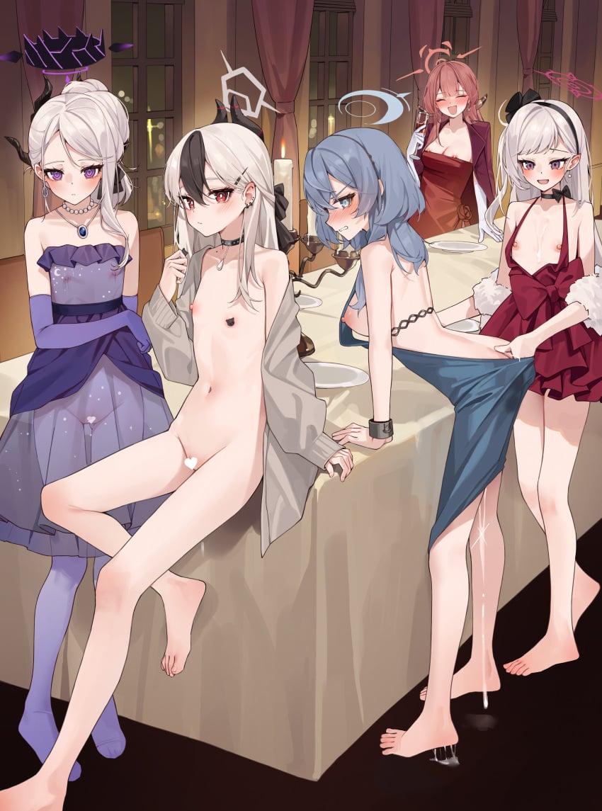 5girls absurdres ako_(blue_archive) ako_(dress)_(blue_archive) aru_(blue_archive) aru_(dress)_(blue_archive) barefoot black_choker black_hair blue_archive blue_dress blue_eyes blue_hair blue_halo blush breasts bright_pupils censored choker cleavage cum dress elbow_gloves female female_focus female_only flat_chest gloves grey_hair halo heart heart_censor highres hina_(blue_archive) hina_(dress)_(blue_archive) horns indoors kayoko_(blue_archive) kayoko_(dress)_(blue_archive) looking_at_viewer mechanical_halo medium_breasts mole multicolored_hair multiple_girls mutsuki_(blue_archive) mutsuki_(dress)_(blue_archive) nipples official_alternate_costume pointy_ears purple_dress purple_eyes pussy red_dress red_hair red_halo see-through_clothes sitting small_breasts standing strapless strapless_dress true_flat_chest two-tone_hair white_gloves xiao_lin_jiu