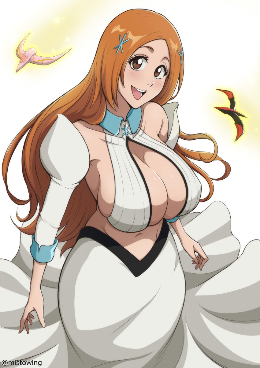 1girls big_breasts bleach bleach:_sennen_kessen-hen bleach:_the_thousand-year_blood_war boob_window breasts busty cleavage cleavage_cutout curvy dress female female_only huge_breasts inoue_orihime long_hair looking_at_viewer midriff mistowing orange_hair smile solo