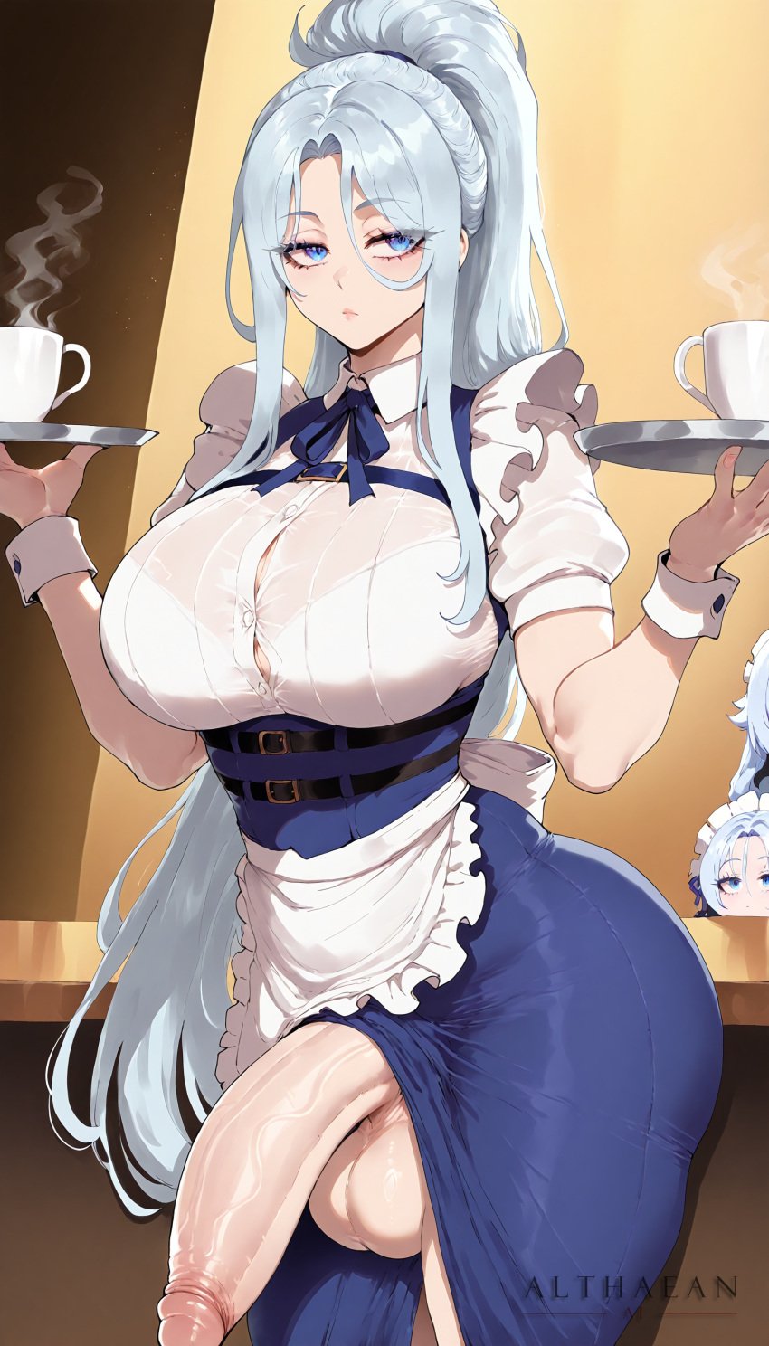 absurd_res ai_generated althaean blue_eyes blue_ribbon cafe coffee coffee_cup emotionless frilled_apron frilled_sleeves futanari holding_object holding_tray huge_ass huge_breasts large_balls large_penis large_testicles maid maid_headdress ponytail ribbon sylpha_(dai_nana_oji) tagme thick_thighs voluptuous voluptuous_female wrist_cuffs