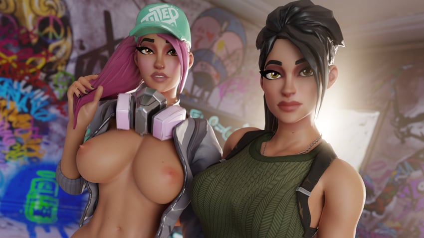 2girls bare_breasts breasts breasts_out epic_games fortnite fortnite:_battle_royale fortnite:_save_the_world looking_at_viewer ramirez_(fortnite) serahnsfwart tagme teknique