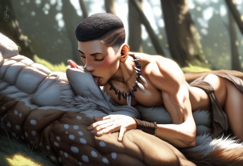 2024 2boys abs ai_generated anatomically_correct anthro anthro_on_human athletic athletic_anthro athletic_male avaru balls black_hair brown_fur closed_eyes deer deer_humanoid elk erection freckles fur furry gay gay_sex genitals human human_on_anthro humanoid interspecies licking_penis licking_sheath loincloth male male/male male_focus male_only mammal multicolored_body multicolored_fur muscular muscular_male navel nude oral_sex penis primal_wilds sagging_balls sheath size_difference tagme tribal tribal_jewelry tuft vein veiny_muscles white_fur yaoi