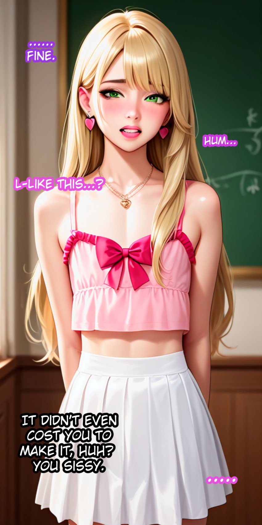 ai_generated blonde_hair femboy feminine_body feminine_faced_male feminine_male feminization forced_exposure forced_feminization forced_presentation male_bitch male_only otoko_no_ko otokonoko pink_panties sissification sissy sissyfication text trap