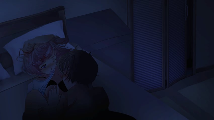 1boy 1girls anon black_bra bra bra_up brown_hair cg cg_art closed closet dark_image ddlc_mod doki_doki_exit_music_(ddlc_mod) doki_doki_literature_club duo female increased_brightness laying_down laying_on_back laying_on_bed leg_up mod mod_art natsuki_(doki_doki_literature_club) one_breast_out one_eye_closed pillow pink_eyes pink_hair shirt shirt_up white_shirt