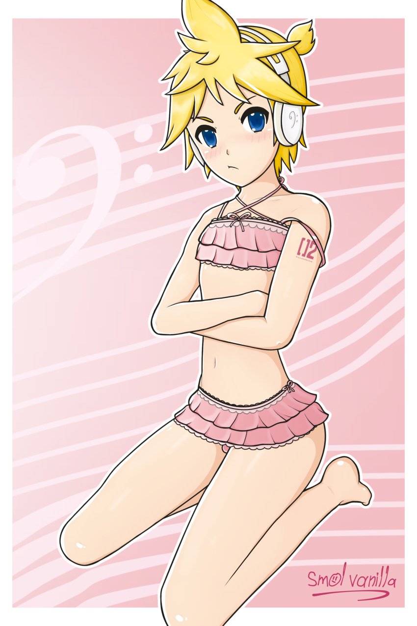 1boy angry blonde_hair blue_eyes blush bra bulge bulging crossdressing crossed_arms feet femboy frilled_panties frilly girly kagamine_len lace lingerie male male_only on_knees panties pink_panties pink_underwear pinup pout pouting short_hair shy small_penis smaller_male smolvanilla solo tattoo thighs trap underwear unwilling vocaloid vocaloid_4