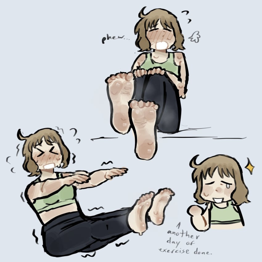 exercise feet feet_together feet_up foot_fetish foot_focus milkpatches nichijou sakurai_izumi steam stretching sweat sweating sweaty tired