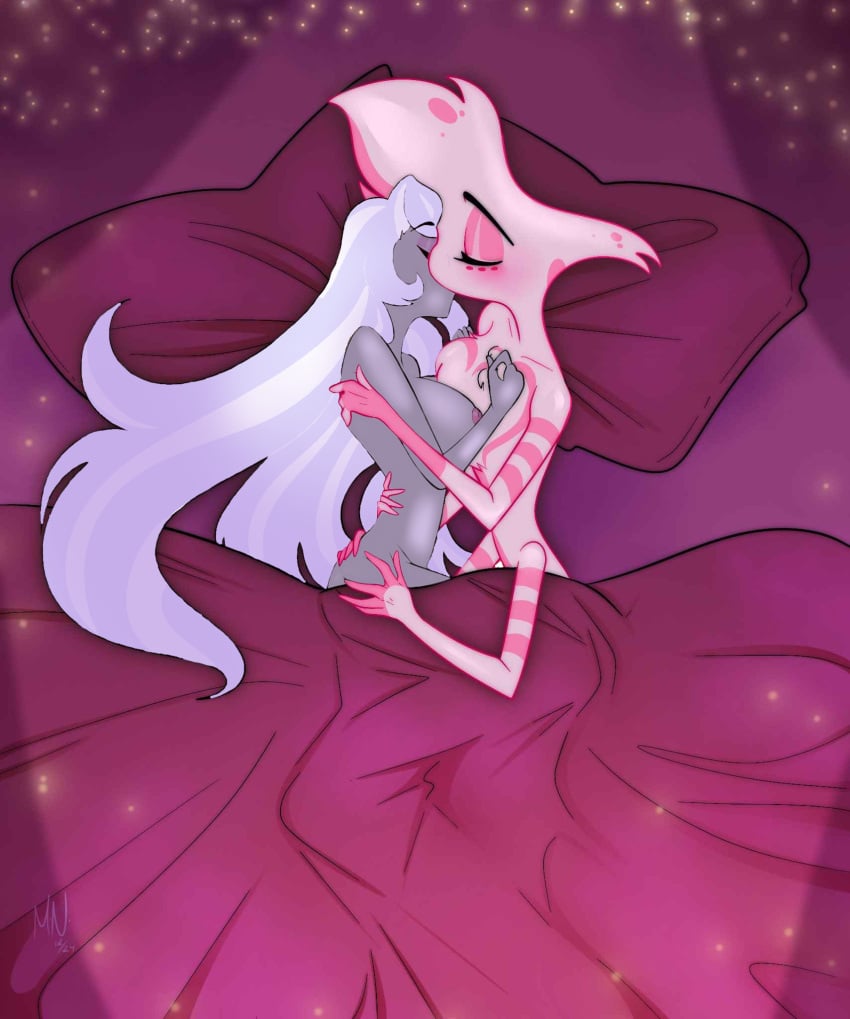 angel_dust_(hazbin_hotel) cuddle edit emily_(hazbin_hotel) hazbin_hotel naked_cuddles naked_female tagme wholesome_nudity