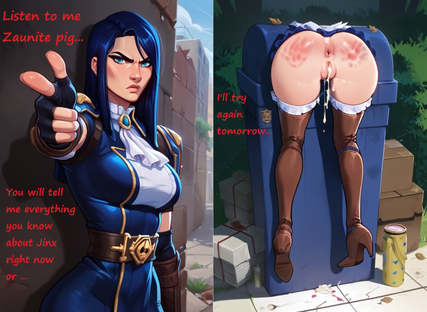 after_sex angry angry_face annoyed arcane arcane_caitlyn ass_focus before_and_after before_sex blue_hair boots cum_dripping cum_in_pussy gloves kuriva league_of_legends league_of_legends:_wild_rift legs_together long_hair outdoors pointing pov puffy_pussy rape raped_by_enemy raped_girl riot_games slap_mark slapping_butt submissive_female text trash_can uniform