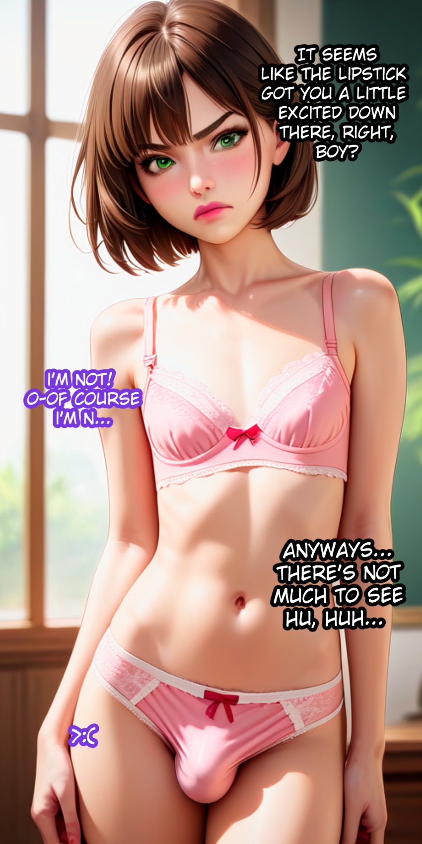 1boy ai_generated bulge crossdressing femboy feminine_body feminine_faced_male feminine_male feminization forced_exposure forced_feminization forced_presentation humiliation male_bitch male_only micropenis otoko_no_ko otokonoko penis_in_panties pink_panties sissification sissy sissyfication solo text trap