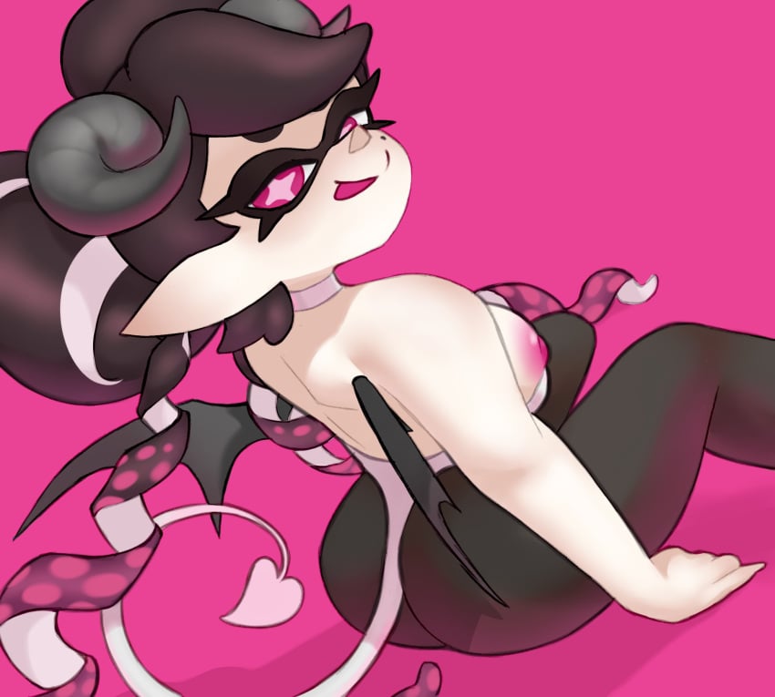 1girls ass breasts callie_(splatoon) choker demon_girl demon_horns female horns inkling inkling_girl looking_at_viewer mole mole_under_eye nintendo nipples pink_background pink_eyes sideboob simple_background sitting solo solo_female solo_focus splatoon succubus tail tentacle tentacle_hair tongue tongue_out vespbee