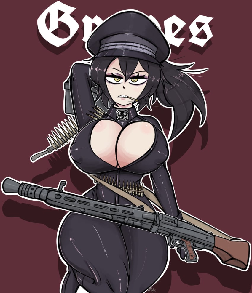 1female 1girls ammo_belt ammo_box ammunition big_breasts boob_window bullet bullets cigarette dark_hair firearm german gun hat huge_breasts light-skinned_female light_skin machine_gun mg42 milf military_uniform mother_(the_coffin_of_andy_and_leyley) nazi nazi_uniform nipple_bulge pawg pinup ponytail renee_graves rose_dax smoke smoking solo solo_female solo_focus text the_coffin_of_andy_and_leyley thick_thighs thunder_thighs tight_clothing venus_body voluptuous voluptuous_female weapon wide_hips world_war_2 ww2 yellow_eyes