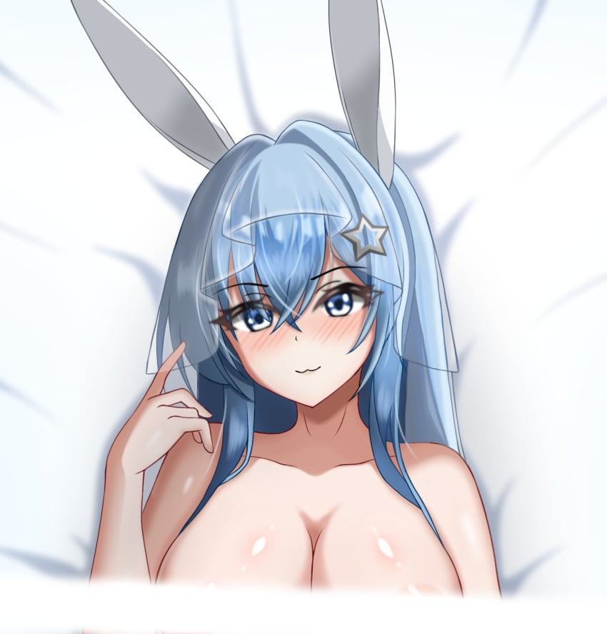 :3 animal_ears azur_lane azur_lane blue_eyes blue_hair breasts bunny_ears looking_at_viewer new_jersey_(azur_lane) new_jersey_(azur_lane) official_alternate_costume wedding_dress