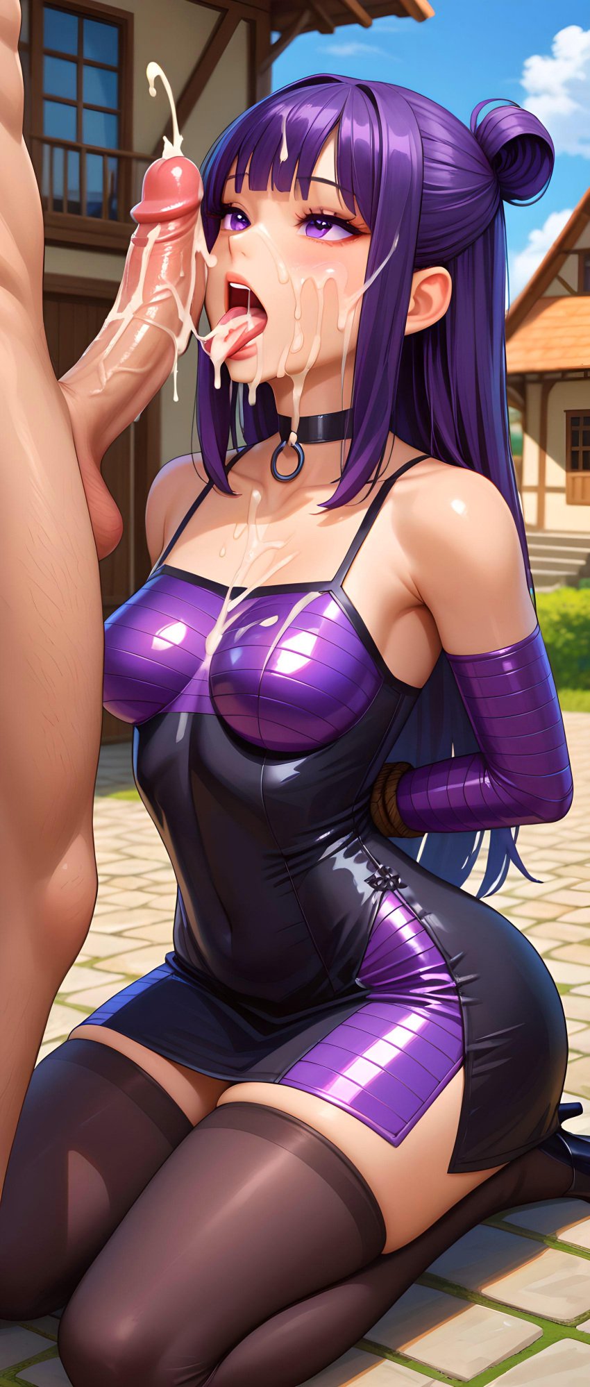 ai_generated avgustbooro bangs black_dress blush choker cum cum_on_face cum_on_tongue dress ejaculation erection heels kneeling long_hair open_mouth original_character outside partial_male penis purple_dress purple_eyes purple_hair ribbon_in_hair tight_clothing tights