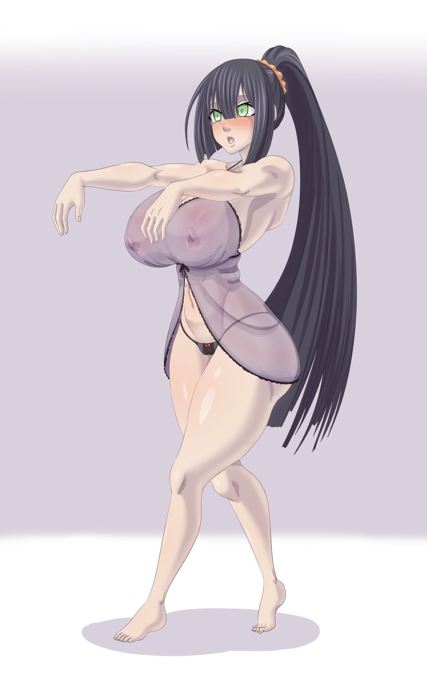 barefoot black_hair blush empty_eyes expressionless female_only femsub green_eyes hair_ornament hypnosis karuro-kun kore_wa_zombie_desu_ka? large_breasts lingerie long_hair open_mouth panties ponytail see-through seraphim_(kore_wa_zombie_desu_ka?) simple_background zombie_walk