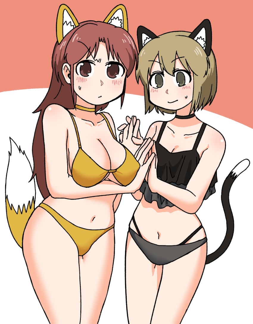 2girls animal_ears ayumu_niikura bikini black_bikini black_choker blonde_hair brown_eyes brown_hair cat_ears cat_tail choker city_(arawi_keiichi) cleavage closed_mouth fox_ears fox_tail frilled_bikini green_eyes holding_hands large_breasts long_hair looking_at_viewer nagumo_midori navel readybug short_hair small_breasts sweatdrop tail yellow_bikini yellow_choker