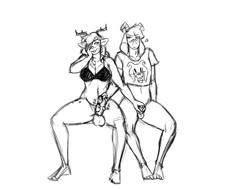 anthro asriel_dreemurr big_breasts big_penis blush boss_monster_(undertale) bottomless bra breasts clothed clothing crop_top deer deltarune dess_holiday dracozhilla duo female femboy flustered genitals gynomorph handjob hi_res humiliation intersex male male/female male_focus male_only mammal penile penis penis_humiliation sex shirt small_penis small_penis_appreciation small_penis_humiliation smug topwear undertale undertale_(series) underwear