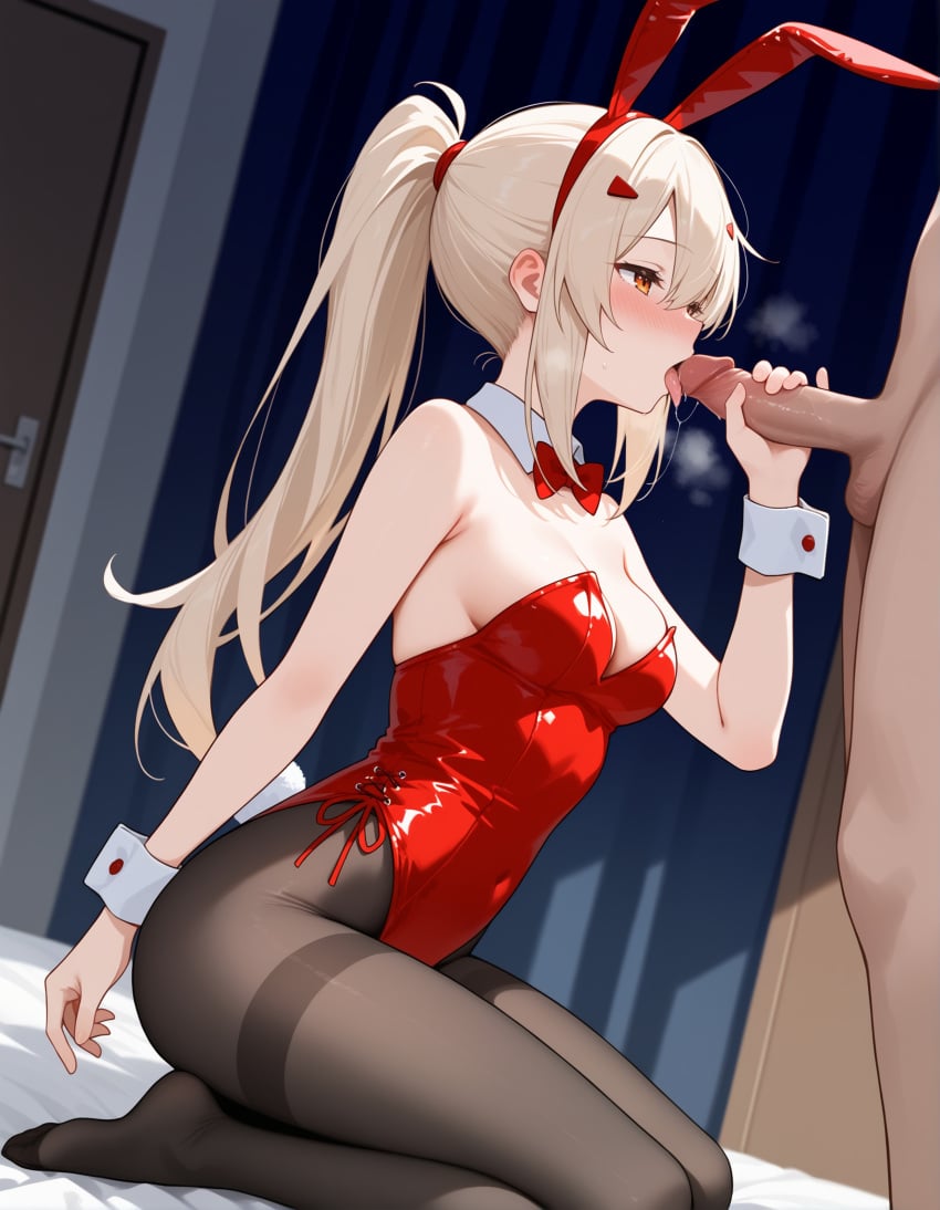 1boy ai_generated ayanami_(azur_lane) azur_lane bedroom black_pantyhose blonde_hair bowtie bowtie_collar bunny_ears bunny_girl bunny_tail bunnysuit female half-closed_eyes handjob heavy_breathing kneeling licking_penis medium_breasts moaning oral orange_eyes pantyhose saliva solo_focus toshiror18 uncensored