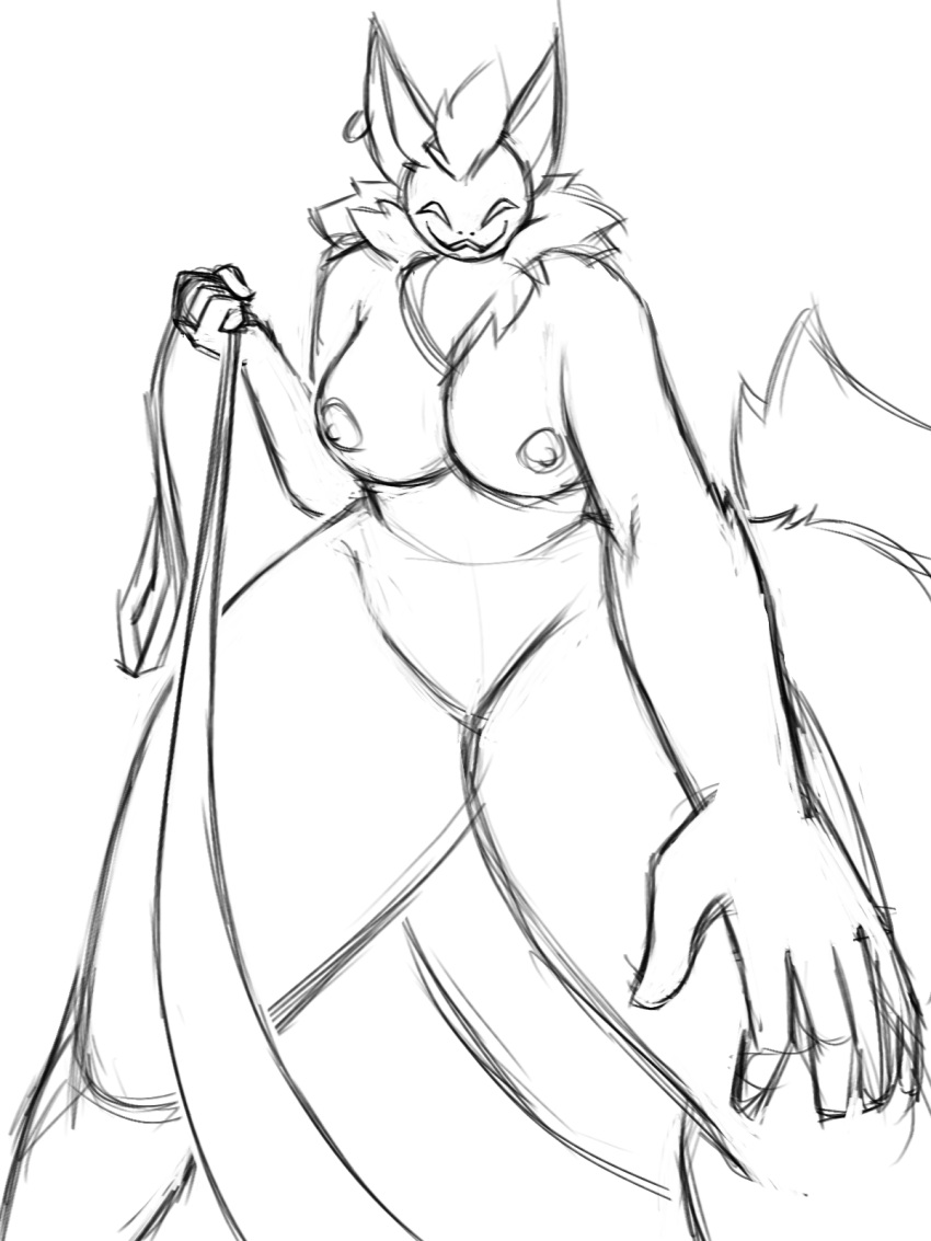 3:4 anthro big_breasts breasts dominant dominant_female dracozhilla female gexx hi_res larger_female leash looking_at_viewer looking_down monochrome patreon size_difference sketch smug solo teasing teasing_viewer text url wide_hips