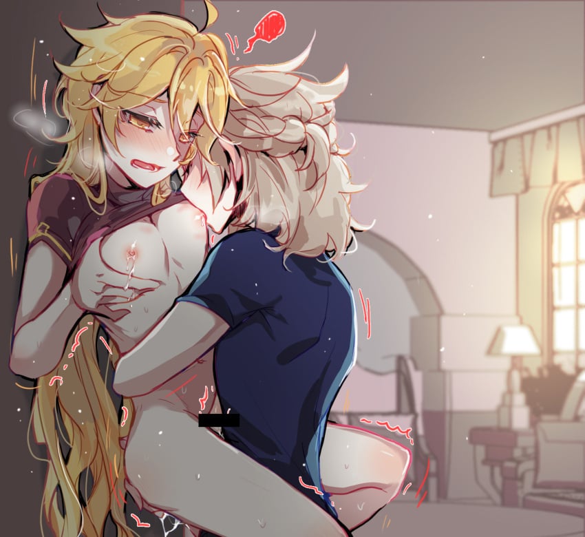 2boys aether_(genshin_impact) ahoge albedo_(genshin_impact) anal bar_censor blonde_hair blue_shirt bottomless breast_sucking censored clothes_lift commentary genshin_impact heavy_breathing highres implied_sex indoors kkaiju korean_commentary lamp licking licking_nipple long_hair male_lactation multiple_boys nipple_stimulation nipples nude shaking shirt shirt_lift undressing window yaoi yellow_eyes