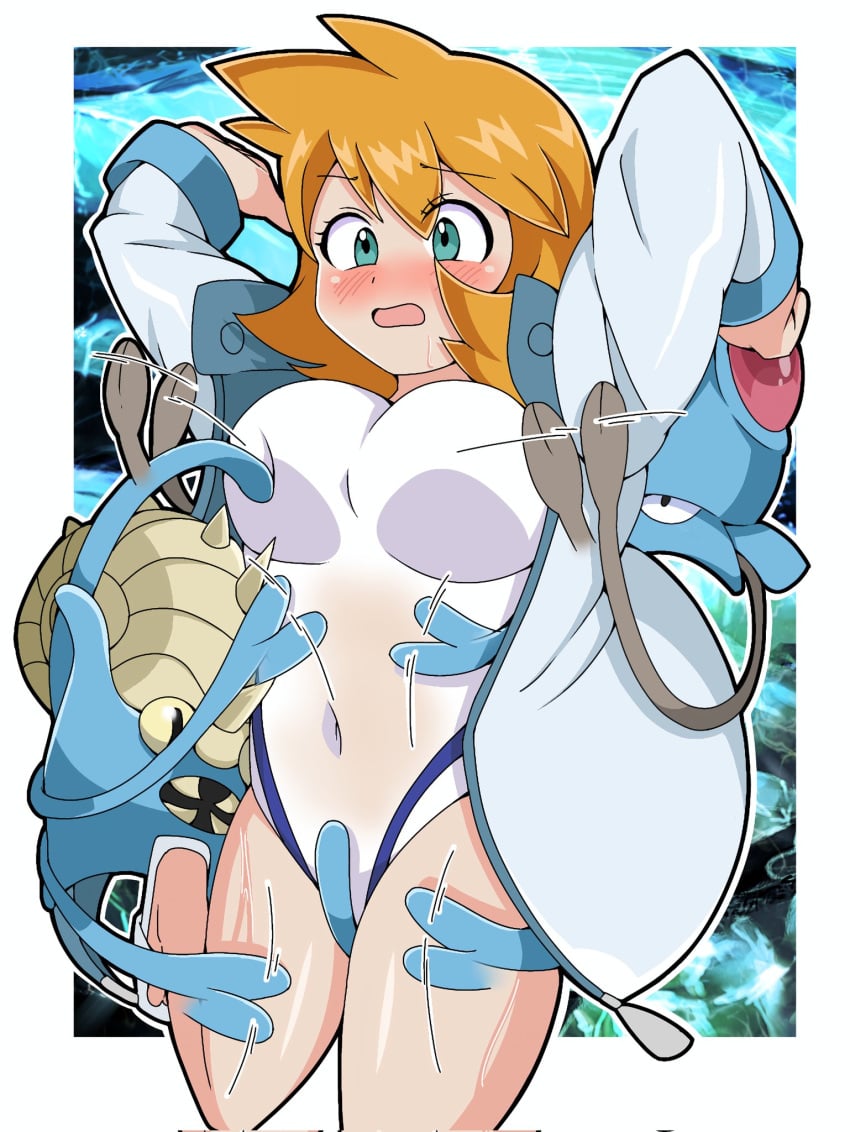 arms_behind_head arms_up blue_eyes blush breasts competition_swimsuit covered_navel creatures_(company) female female_focus game_freak gen_1_pokemon green_eyes gym_leader hair_between_eyes jacket kasumi_(pokemon) ken725011186 large_breasts long_sleeves looking_at_viewer looking_down misty_(pokemon_hgss) navel nintendo nipples omastar one-piece_swimsuit open_clothes open_jacket open_mouth orange_hair pokemon pokemon_(anime) pokemon_(classic_anime) pokemon_gsc pokemon_hgss shiny_skin short_hair solo standing swimsuit tentacool thick_thighs thighs water white_jacket white_one-piece_swimsuit wide_hips