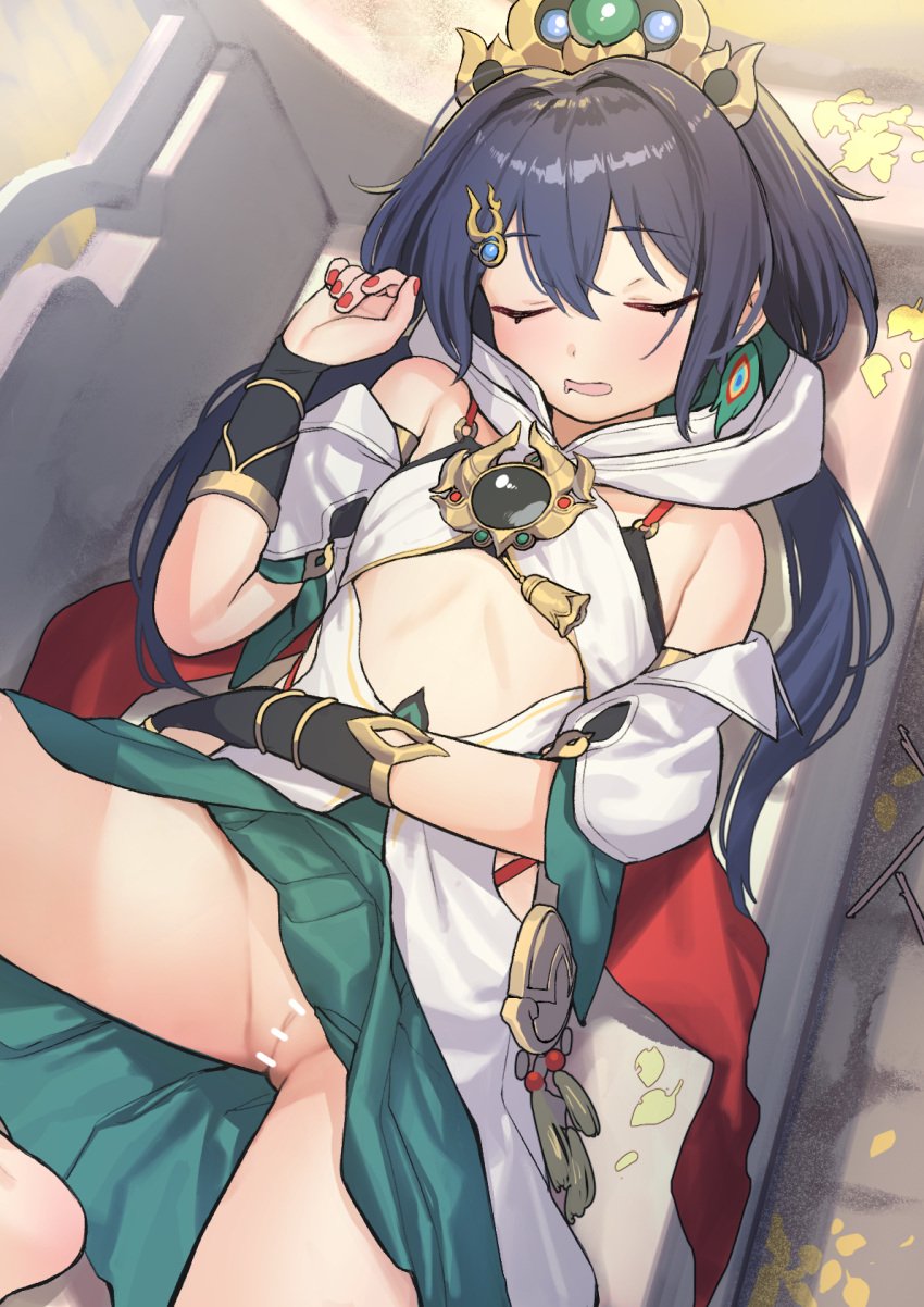 bar_censor blue_hair blush breasts censored chinese_clothes clitoris closed_eyes drooling earrings female hair_between_eyes hair_ornament hh_trismegistus highres honkai:_star_rail honkai_(series) jewelry long_hair lying mouth_drool nail_polish on_back on_bench pussy single_earring sleeping small_breasts solo spread_legs sunlight twintails yellow_leaves yunli_(honkai:_star_rail)