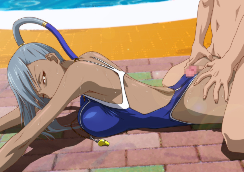 arms_up ass ass_grab back bare_arms bare_shoulders blue_swimsuit breast_press breasts buttjob censored clothed_female_nude_male code_geass dark_skin female floor grey_hair half-closed_eyes highres kneeling kyabakurabakufu large_breasts legs long_hair looking_back lying mosaic_censoring nude on_stomach outdoors penis pool solo_focus sweat swimsuit thighs villetta_nu water whistle yellow_eyes