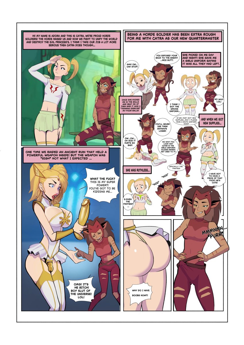 1boy 1futa adora animal_ears ball_torture bimbofication bullying catgirl catra chastity_cage clothed clothing dildo feminization fully_clothed futanari humanoid kemonomimi light-skinned_male light_skin magic male mostly_clothed panties rule_63 she-ra_and_the_princesses_of_power sissification sissy standing tan tan-skinned_futanari voidnosferatu