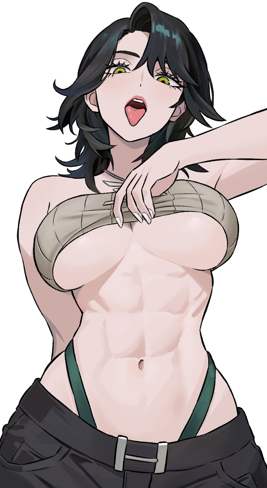 1girls abs belt black_hair cowboy_shot facing_forward facing_viewer female female_focus female_only fit_female head_tilt head_up hourglass_figure large_breasts lifting lifting_clothing lifting_shirt looking_at_viewer looking_down multicolored_eyes original_character pale-skinned_female pale_skin panties panties_showing pants shoulder_length_hair solo solo_female solo_focus thong_straps tongue_out unique_eyes victoria_huang zeon_(zzeeonn) zeon_j