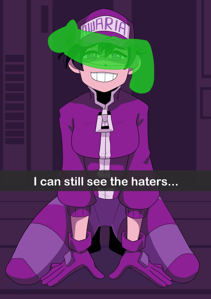 awaria cant_see_the_haters dick first_porn_of_character first_porn_of_franchise ghost ghost_dick ghost_penis green_penis implied_futanari on_knees purple_eyes purple_gloves purple_hat purple_jacket purple_outfit purple_pants see-through see-through_penis smile tsuchihara_ ula_usterka