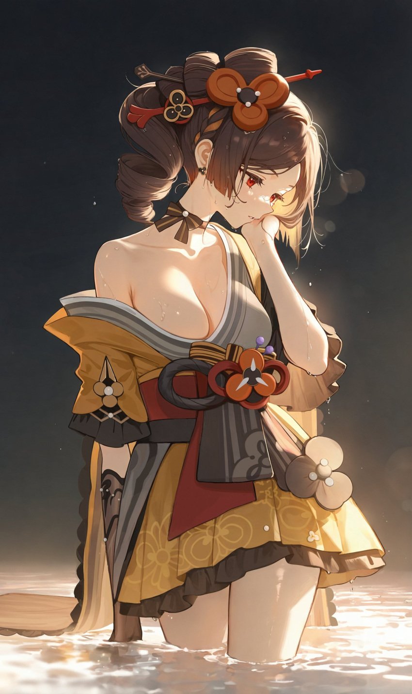 1girls ai_generated bare_shoulders breasts chiori_(genshin_impact) choker cleavage drill_hair earrings genshin_impact kimono medium_breasts red_eyes ribbon seductive skirt solo stable_diffusion