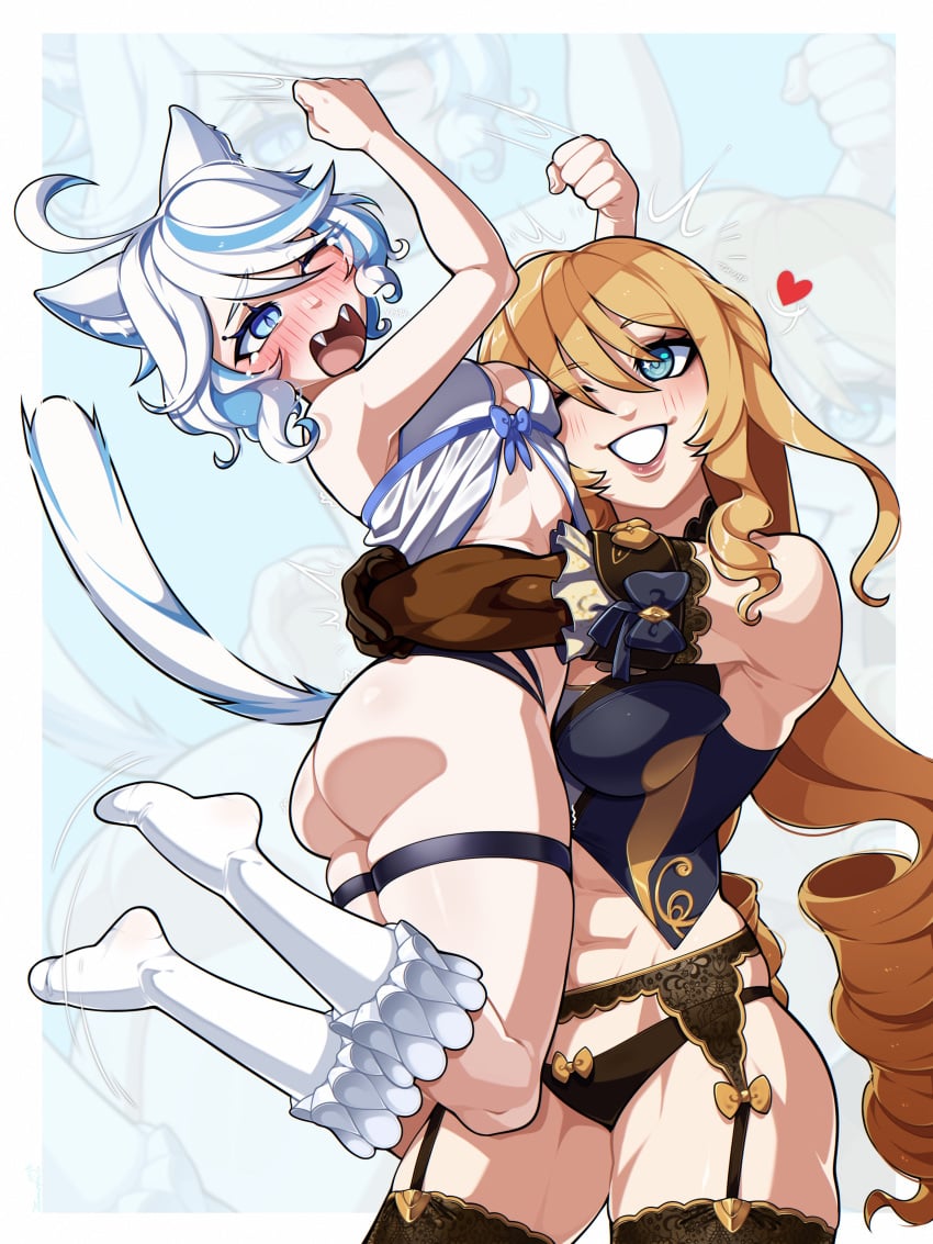 2girls angry ass blonde_hair blue_eyes blush breasts carrying carrying_partner cat_ears cat_tail catgirl female female_only furina_(genshin_impact) garter_belt garter_straps genshin_impact hug hugging lingerie navia_(genshin_impact) petite small_breasts smile thighhighs tsundere white_hair wink