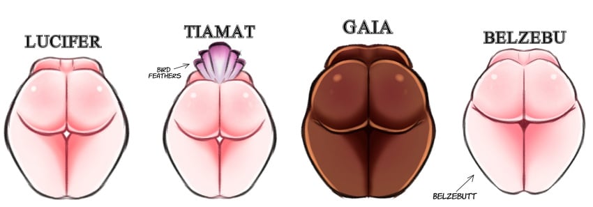 4girls ass ass_comparison ass_focus ass_size_chart beelzebub big_ass christianity dark-skinned_female dark_skin european_mythology gaia_(mythology) greek_mythology huge_ass light-skinned_female light_skin lucifer tagme text tiamat twitter_link uncensored