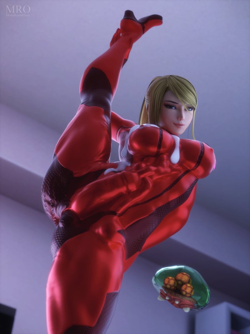 3d 3d_(artwork) bodysuit bulge bulge_through_clothing cum cumming erection erection_under_clothes futa_only futanari leg_up metroid metroid_(creature) moonroomoom penis_outline samus_aran skintight solo zero_suit zero_suit_samus