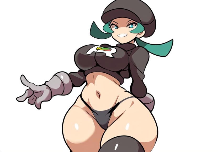 ai_generated curvy game_freak green_hair large_breasts mullon nintendo novelai pokemon pokemon_sm solo team_rainbow_rocket team_rainbow_rocket_grunt_(female) thick_thighs thong wide_hips